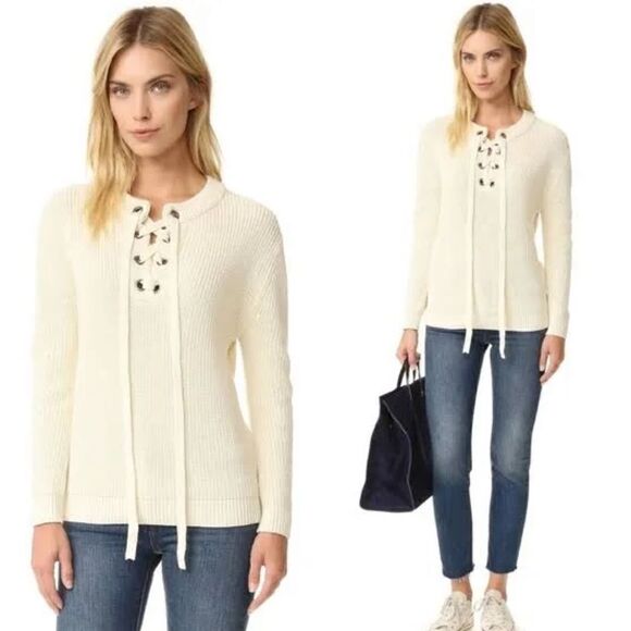 JOA Los Angeles Cream Shaker Knit Lace Up Crewneck Sweater Sz S - Picture 1 of 9